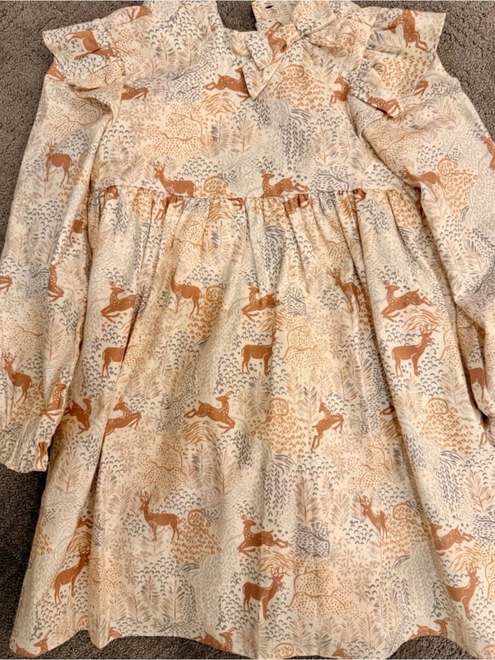 Janie and Jack Girls' Deer-Print Ruffle Collar Dress - Cream & Tan